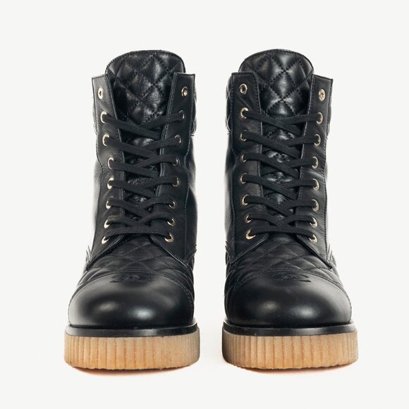 Chanel Black Quilted Leather Interlocking-CC Combat Boots - Picture 2 of 11